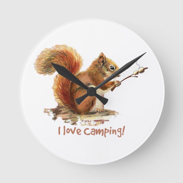 BORN TO GO CAMPING Fun Squirrel Cute Animal Quote Round Clock (Front)