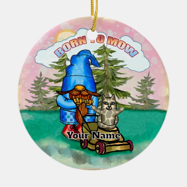 Born To Mow gnome Ceramic Tree Decoration (Front)
