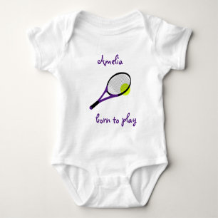 Born to play, Tennis Ball and Racquet, Personalise Baby Bodysuit