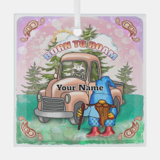 Born to Roam gnome Glass Tree Decoration (Front)