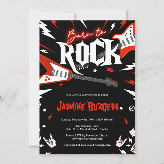Born to ROCK Baby Shower Invitation, Guitar Invite (Front)