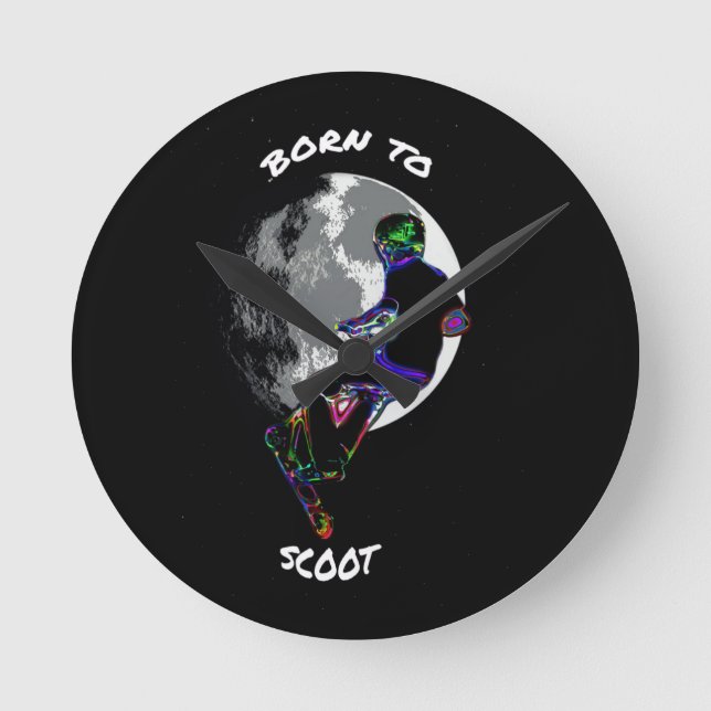Born to Scoot- Scooter and Moon   Round Clock (Front)