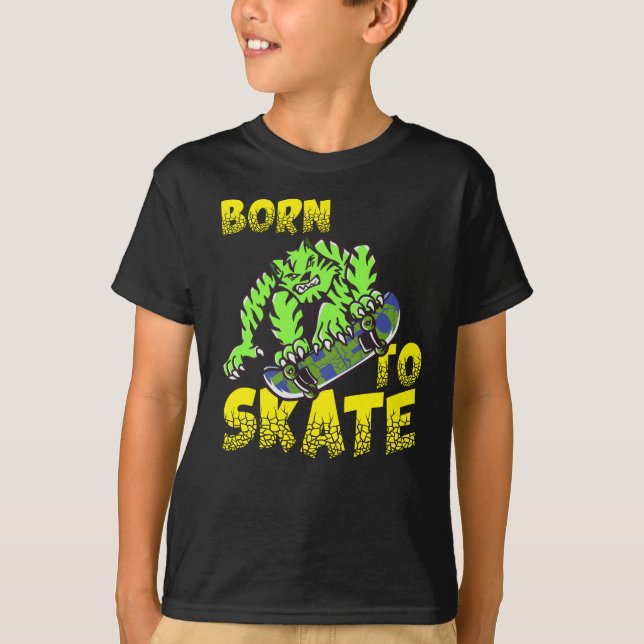BORN TO SKATE - Tiger Cat On Skateboard T-Shirt (Front)