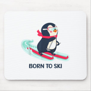 Born to ski cute penguin skiing winter animal mouse mat