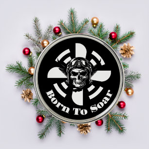 Born To Soar,Cool Skull Pilot & Aeroplane Propelle Metal Tree Decoration