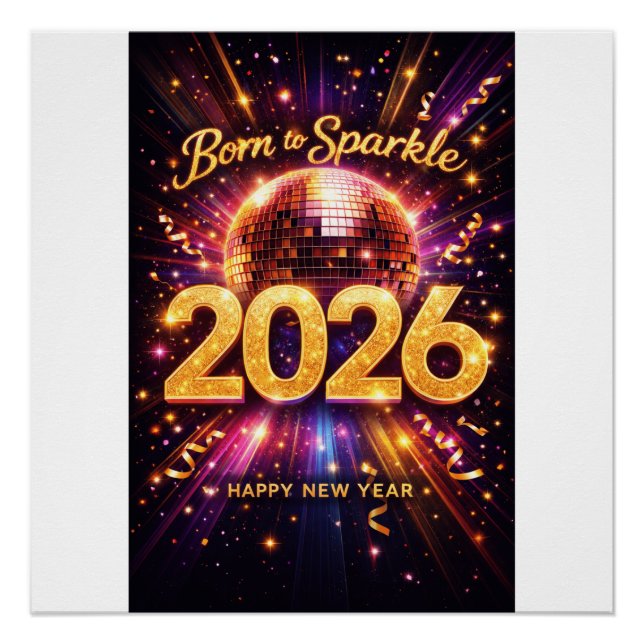Born to Sparkle 2026 Disco Ball Happy New Year Poster (Front)