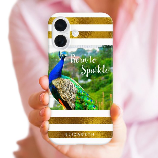 Born to Sparkle Chic Peacock Gold White Stripes Case-Mate iPhone Case (Creator Uploaded)