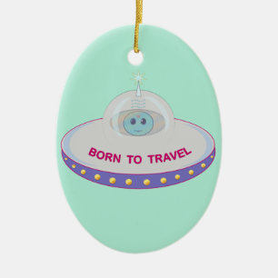 Born to travel cute alien & flying saucer ceramic tree decoration