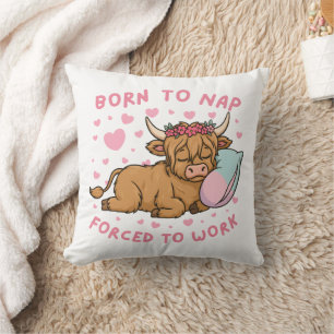Born to Yap Forced to Work Funny Highland Cow Meme Cushion