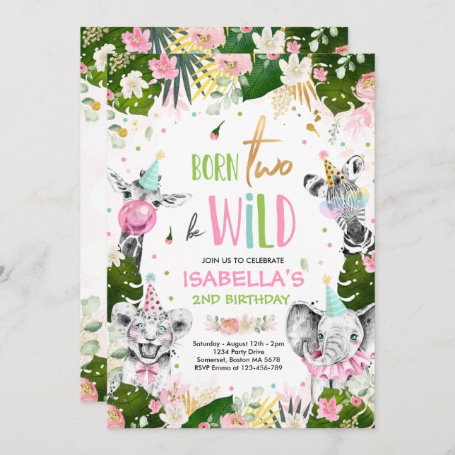 Born Two Be Wild Birthday Safari Animals Party Invitation (Front/Back)