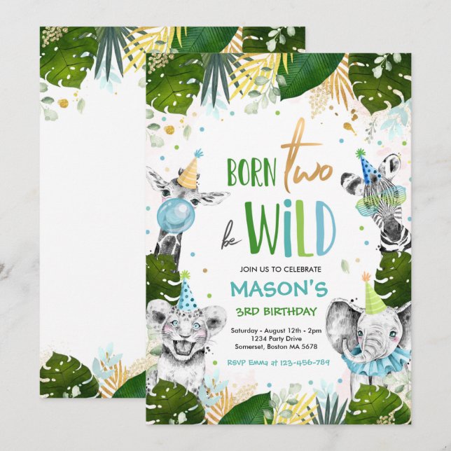 Born Two Be Wild Birthday Safari Animals Party Invitation (Front/Back)