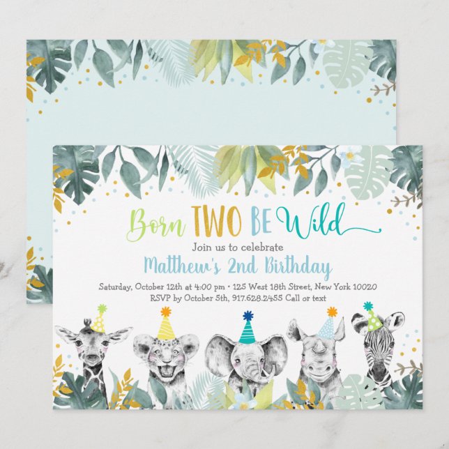 Born Two Be Wild Blue Gold Party Animal Birthday Invitation (Front/Back)