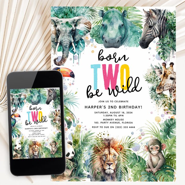 Born TWO Be Wild! Safari Animals Cool 2nd Birthday Invitation (Creator Uploaded)