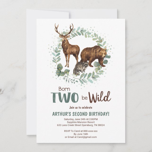 Born Two Be Wild Woodland Birthday Invitation Boys (Front)