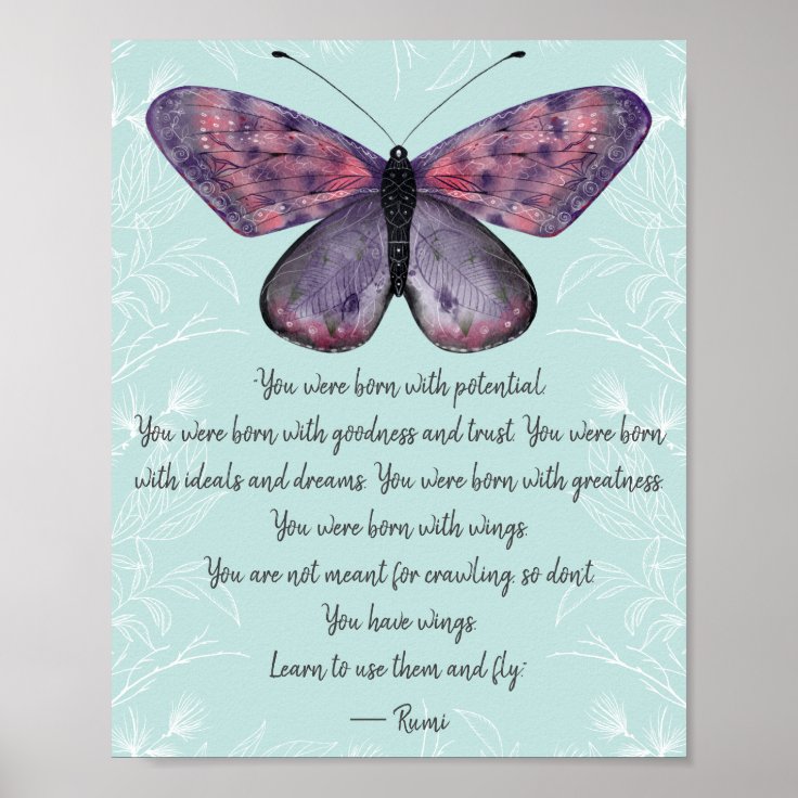Born With Wings Rumi Quote Butterfly Poster Zazzle