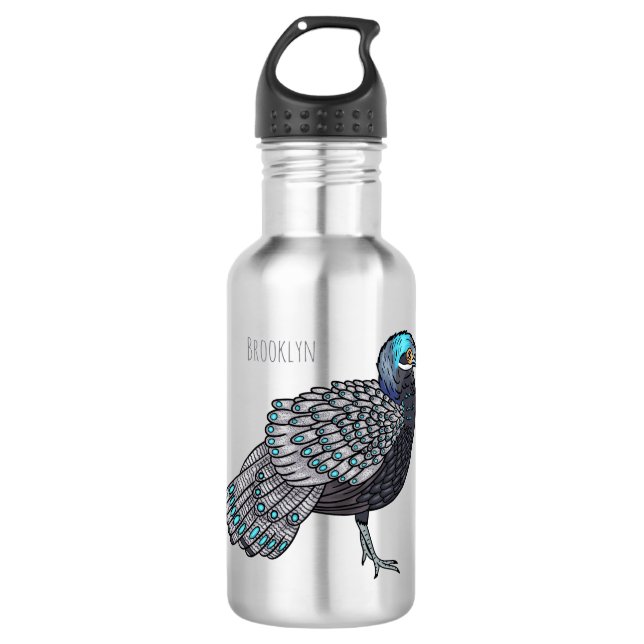 Bornean peacock-pheasant bird cartoon illustration 532 ml water bottle (Front)