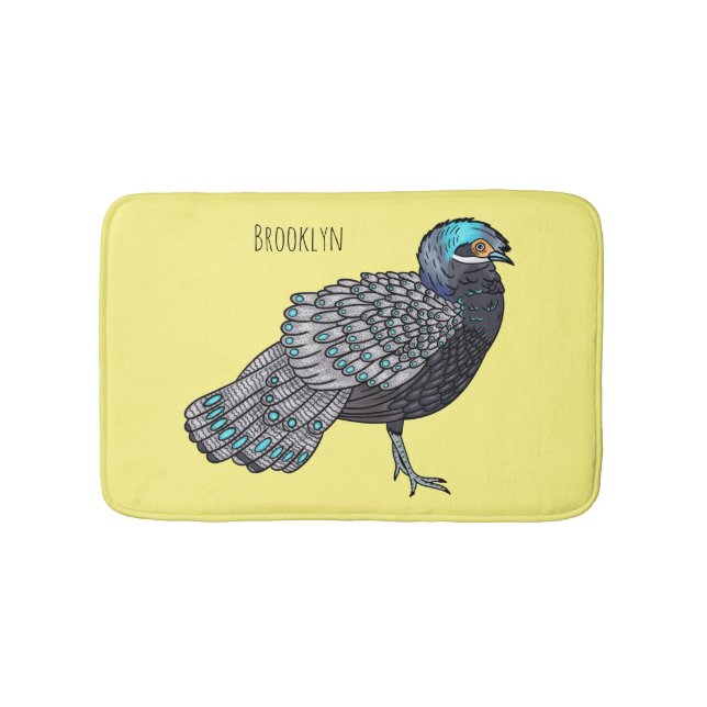 Bornean peacock-pheasant bird cartoon illustration bath mat (Front)