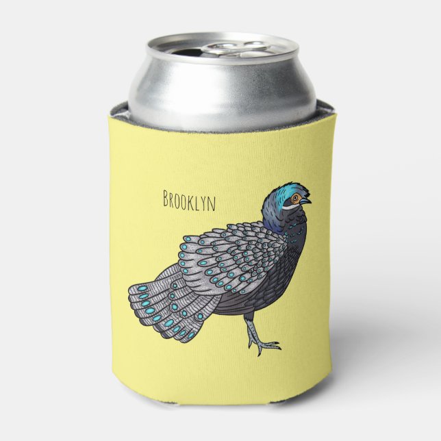 Bornean peacock-pheasant bird cartoon illustration can cooler (Can Front)