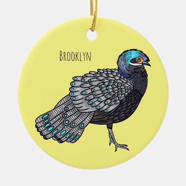 Bornean peacock-pheasant bird cartoon illustration ceramic tree decoration (Front)