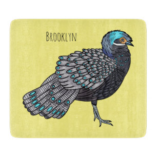 Bornean peacock-pheasant bird cartoon illustration cutting board