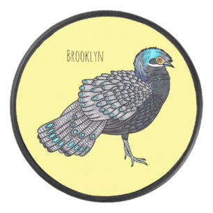 Bornean peacock-pheasant bird cartoon illustration hockey puck