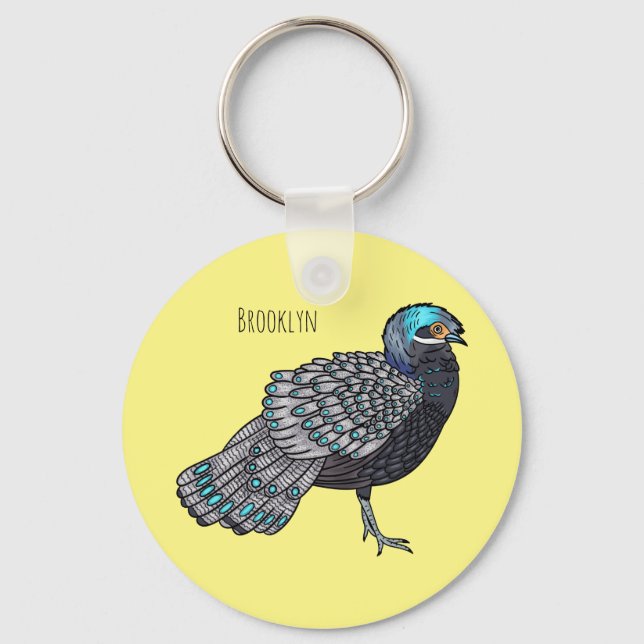 Bornean peacock-pheasant bird cartoon illustration key ring (Front)
