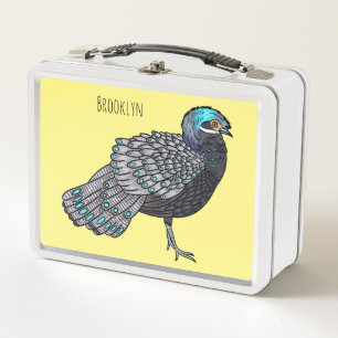 Bornean peacock-pheasant bird cartoon illustration metal lunch box