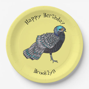 Bornean peacock-pheasant bird cartoon illustration paper plate