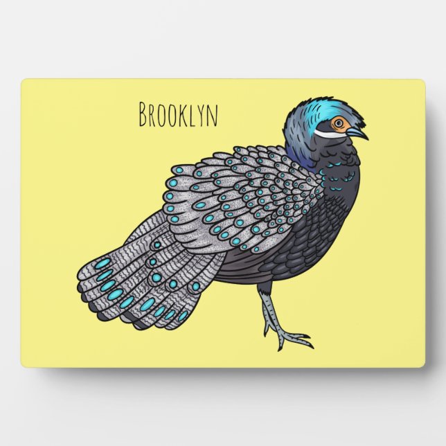 Bornean peacock-pheasant bird cartoon illustration plaque (Front)