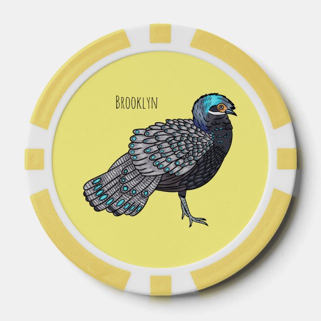 Bornean peacock-pheasant bird cartoon illustration poker chips (Front)
