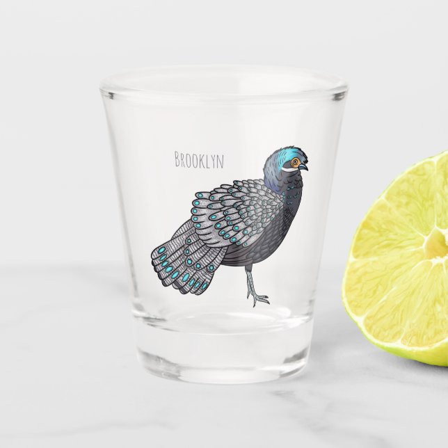 Bornean peacock-pheasant bird cartoon illustration shot glass (Front)
