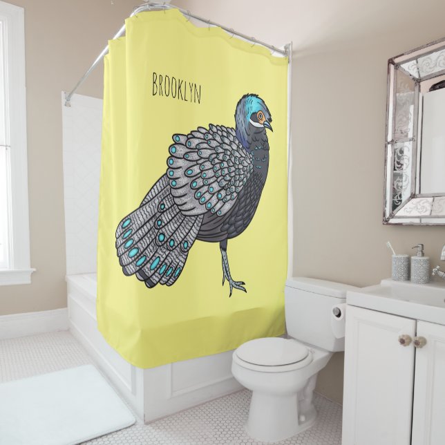 Bornean peacock-pheasant bird cartoon illustration shower curtain (In Situ)