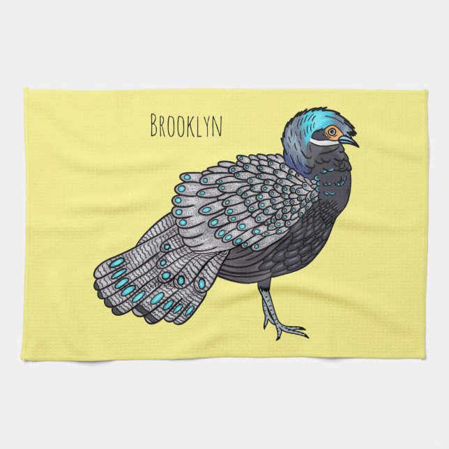 Bornean peacock-pheasant bird cartoon illustration tea towel (Horizontal)