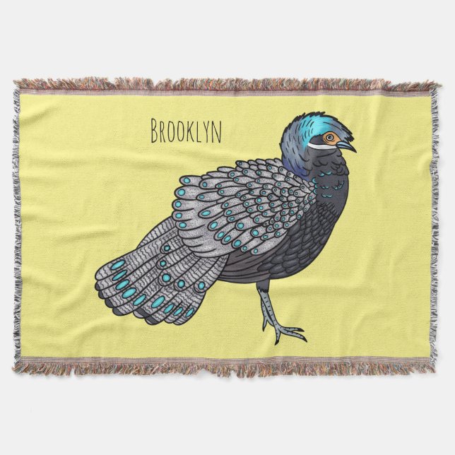 Bornean peacock-pheasant bird cartoon illustration throw blanket (Front)