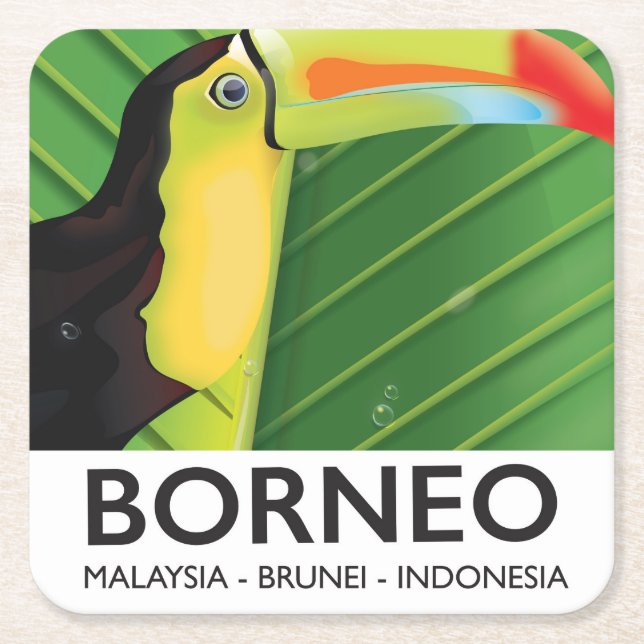 Borneo Toucan travel poster Square Paper Coaster (Front)