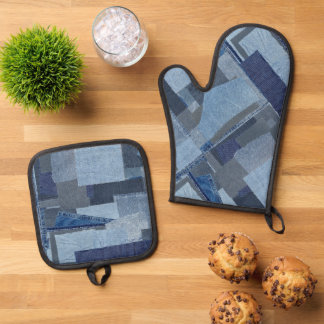 Boro Boro Blue Jean Patchwork Denim Shibori Oven Mitt & Pot Holder Set