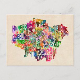 Boroughs of London Typography Text Map Postcard