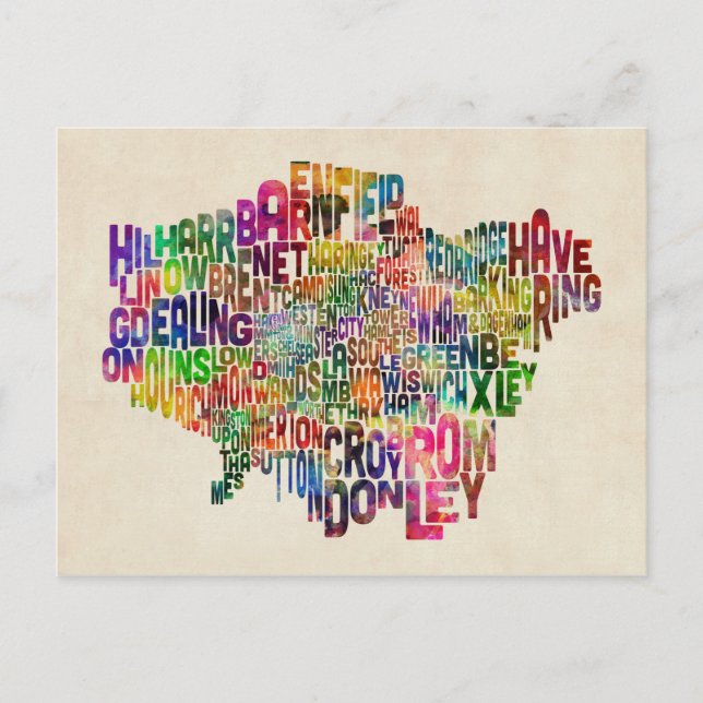 Boroughs of London Typography Text Map Postcard (Front)
