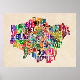 Boroughs of London Typography Text Map Poster