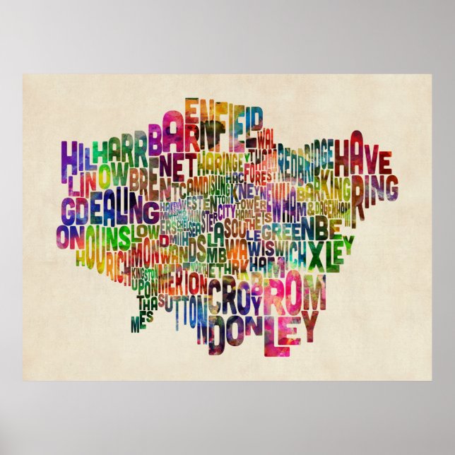Boroughs of London Typography Text Map Poster (Front)