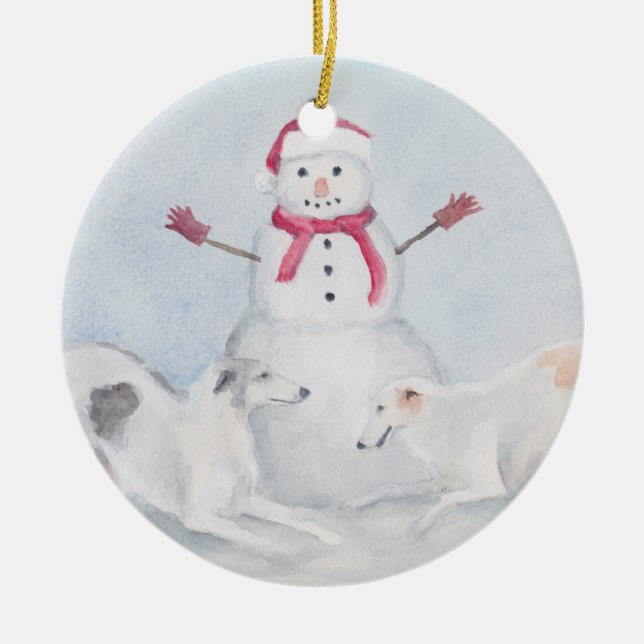 Borzoi and Snowman Dog Art Ornament (Front)