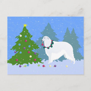 Borzoi Decorating Christmas Tree in the Forest Holiday Postcard