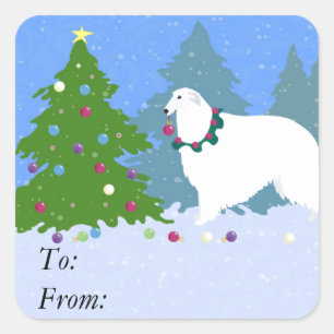 Borzoi Decorating Christmas Tree in the Forest Square Sticker