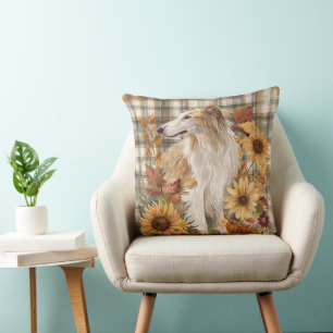 Borzoi Dog Fall Watercolor Flowers Cushion