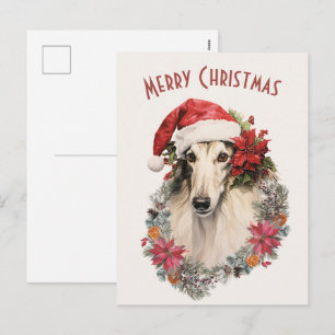 Borzoi Dog Santa Hat Red Poinsettias Christmas Holiday Postcard