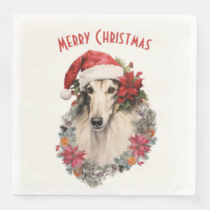 Borzoi Dog Santa Hat Red Poinsettias Christmas Napkin