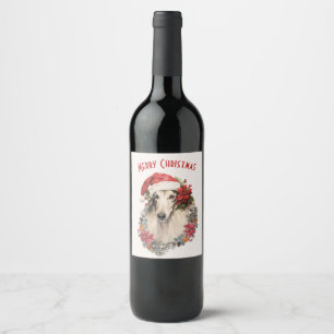 Borzoi Dog Santa Hat Red Poinsettias Christmas Wine Label