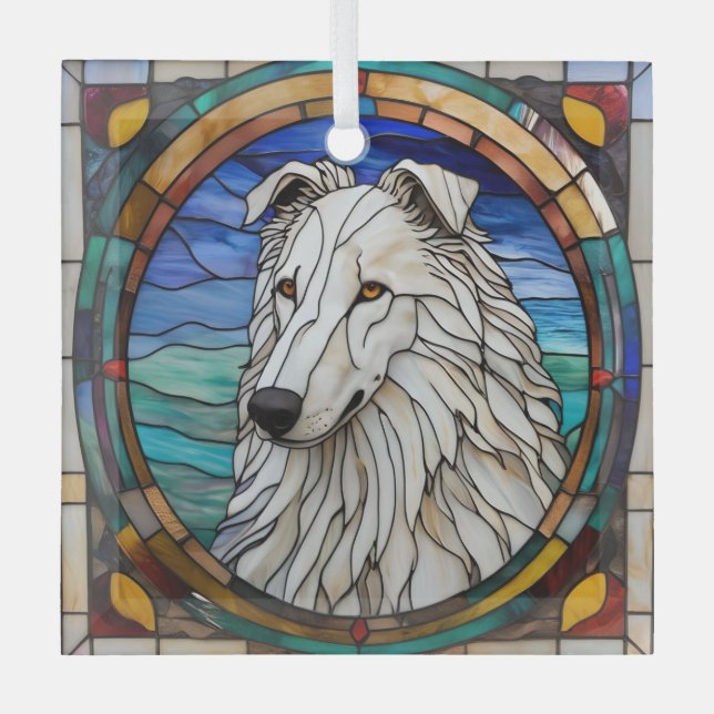 Borzoi Dog "Stained Glass" Glass Tree Decoration (Front)