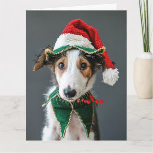 Borzoi Elf Puppy Christmas Card