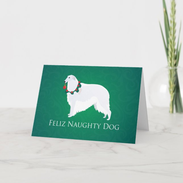 Borzoi Feliz Naughty Dog Christmas Design Holiday Card (Front)